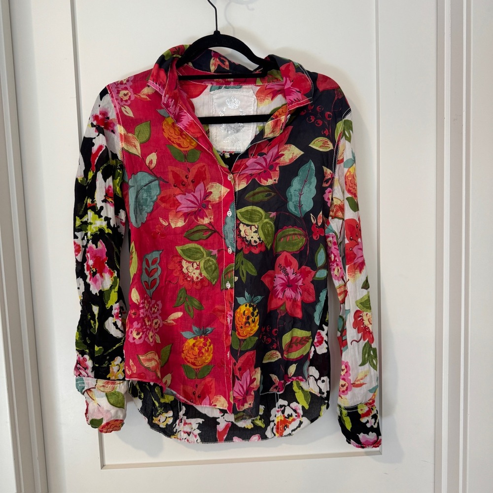 Cino Womens XS Floral Patchwork Button Down Shirt 100% Cotton Long Sleeve Multi